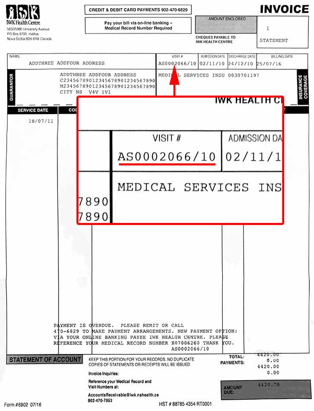 Photo of Visit Number location on invoice